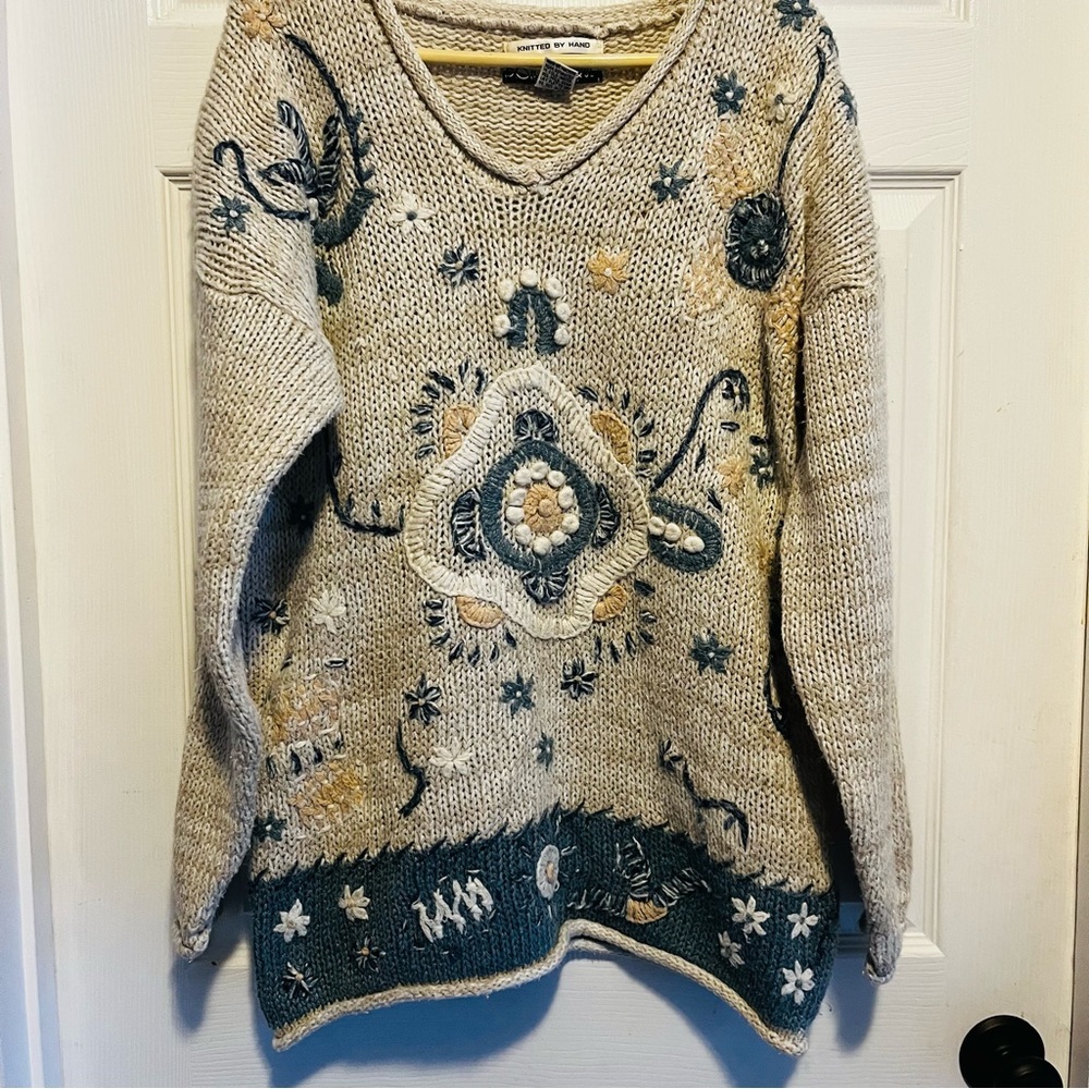 Vintage Embroidered V-Neck Sweater Knitted By Hand Small CottageCore